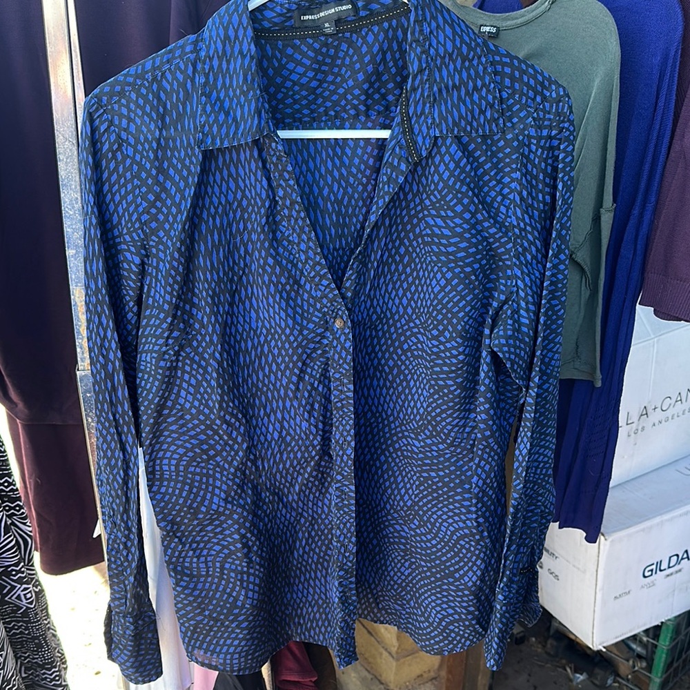 Express Blue Patterned Button Down Shirt - image 1